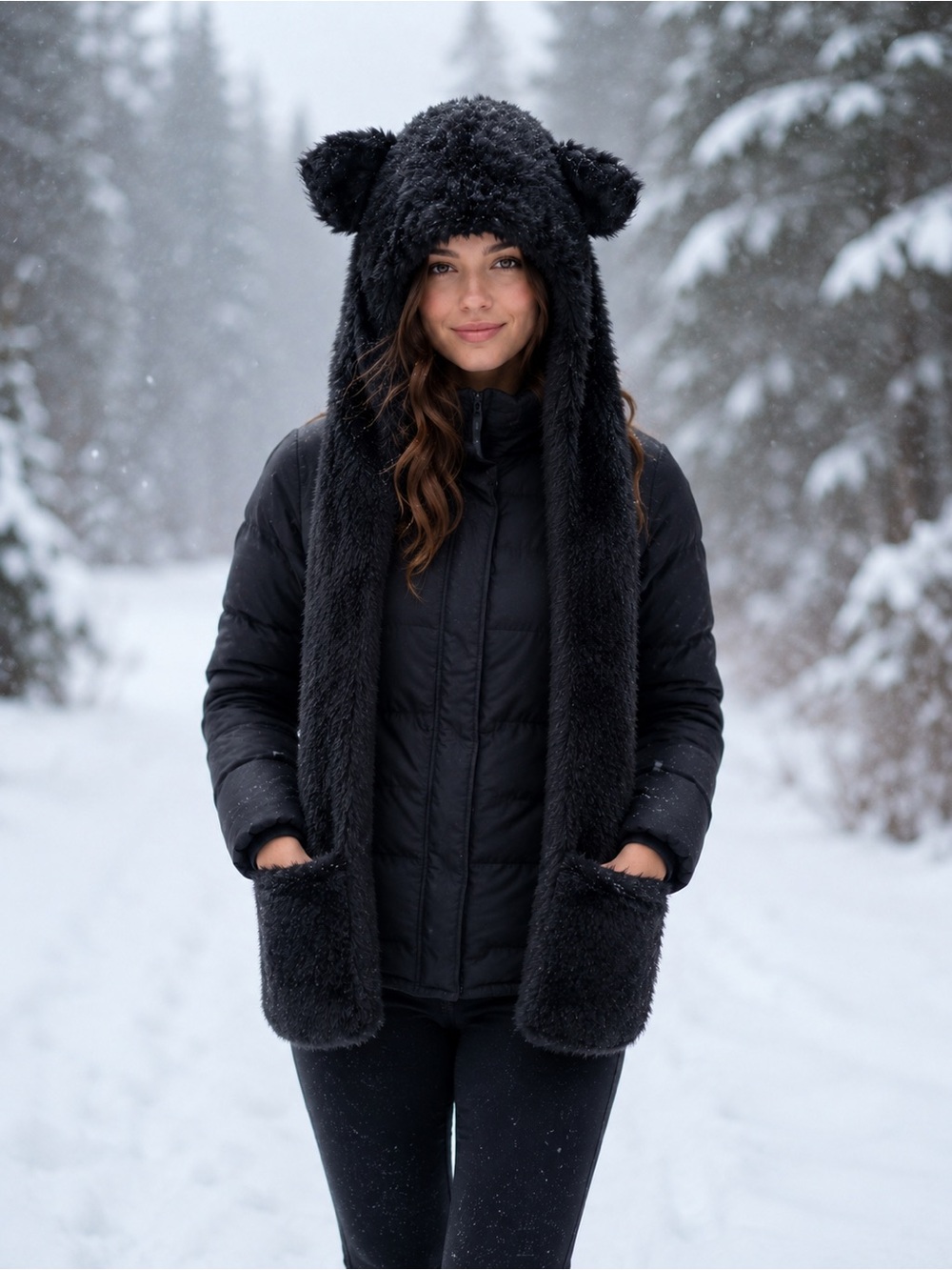 Black Faux Fur Bear Hooded Scarf Jacket